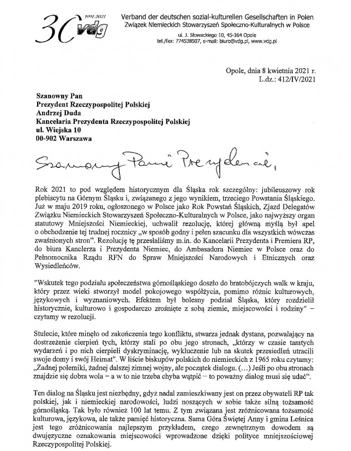Pismo Przewodniczącego VdG do Prezydenta RP Andrzeja Dudy ws. obchodów 100-lecia Powstań Śląskich 