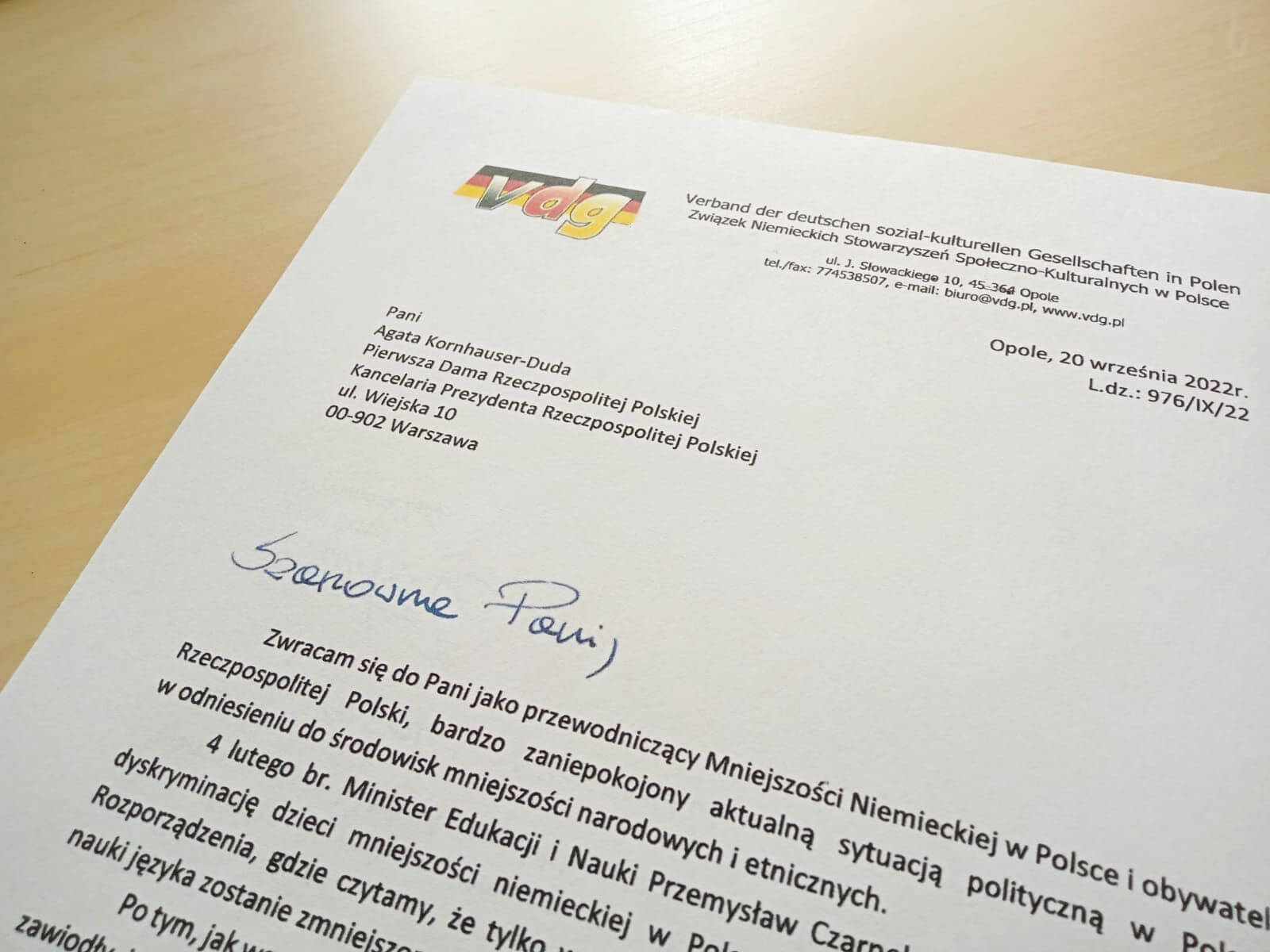 Brief des VdG-Vorsitzenden an die Erste Dame der Republik Polen