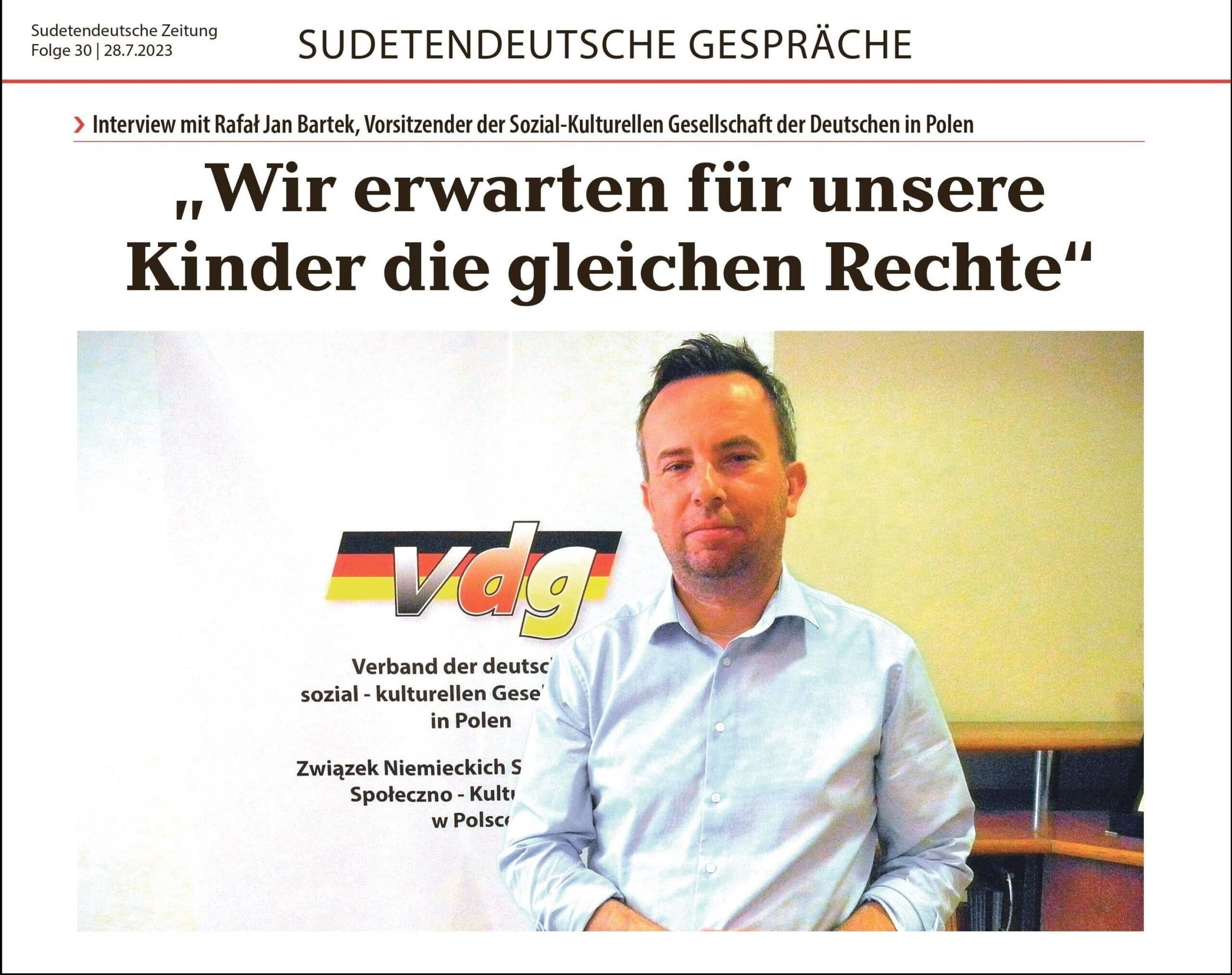 Interview mit Rafał Bartek, dem Vorsitzenden der SKGD, in der Sudetendeutschen Zeitung