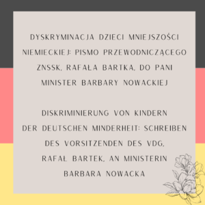 Dyskryminacja dzieci Mniejszości Niemieckiej: pismo przewodniczącego ZNSSK, Rafała Bartka, do&nbsp;Pani Minister Barbary Nowackiej