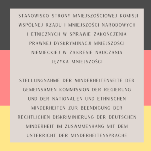 Stellungnahme der Minderheitenseite der Gemeinsamen Kommission der Regierung und der nationalen und ethnischen Minderheiten zur Beendigung der rechtlichen Diskriminierung der deutschen Minderheit im Zusammenhang mit dem Unterricht der Minderheitensprache
